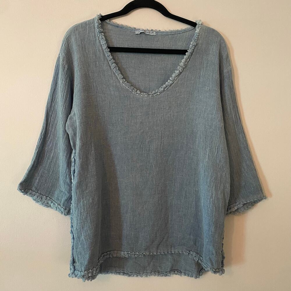 Tempo Paris Blue Linen 3/4 Sleeve Top Minimalist Lagenlook Women's size Medium